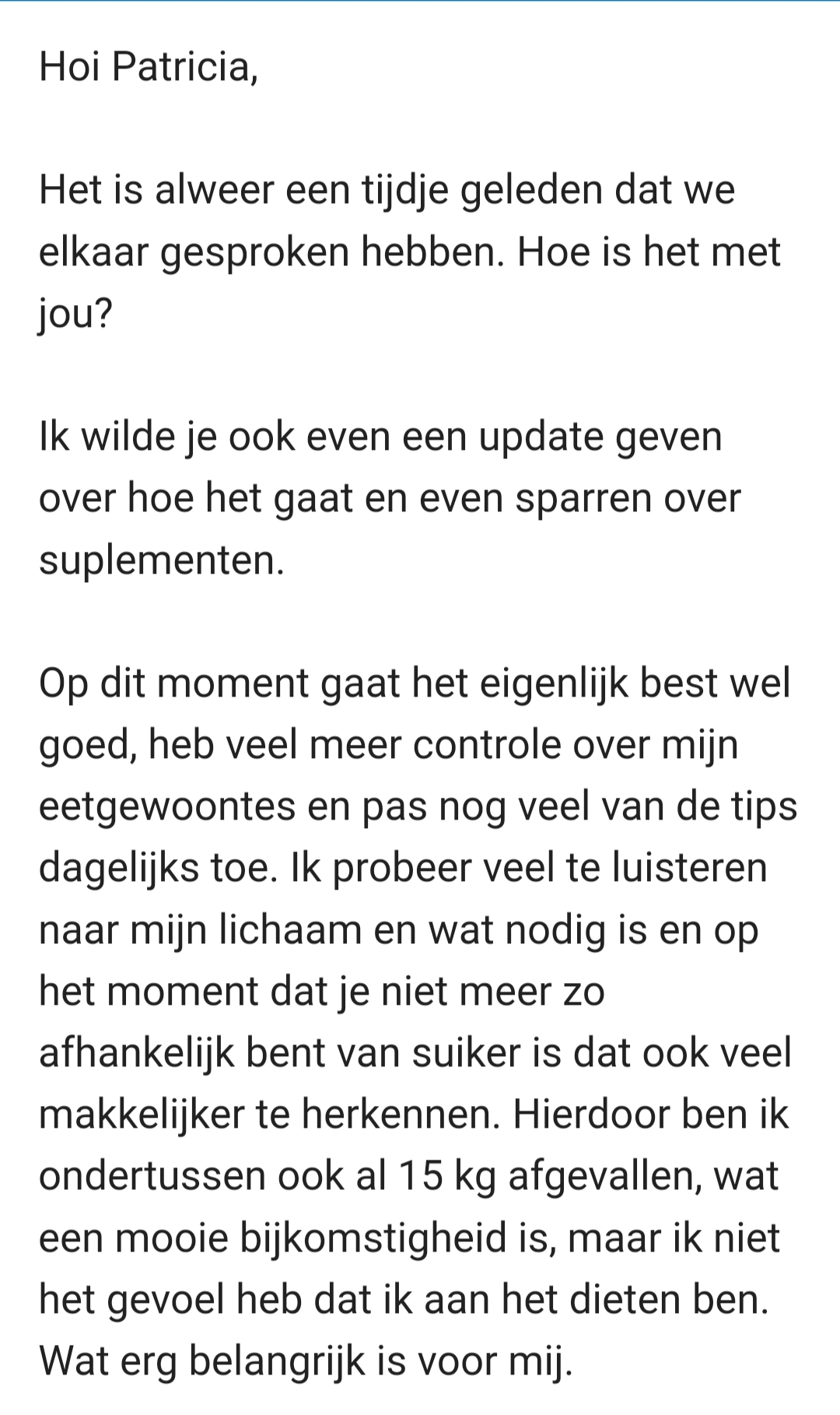 Mooi resultaat van een dame die hulp bij trek in suiker en de disbalans in hormonen aanpakte