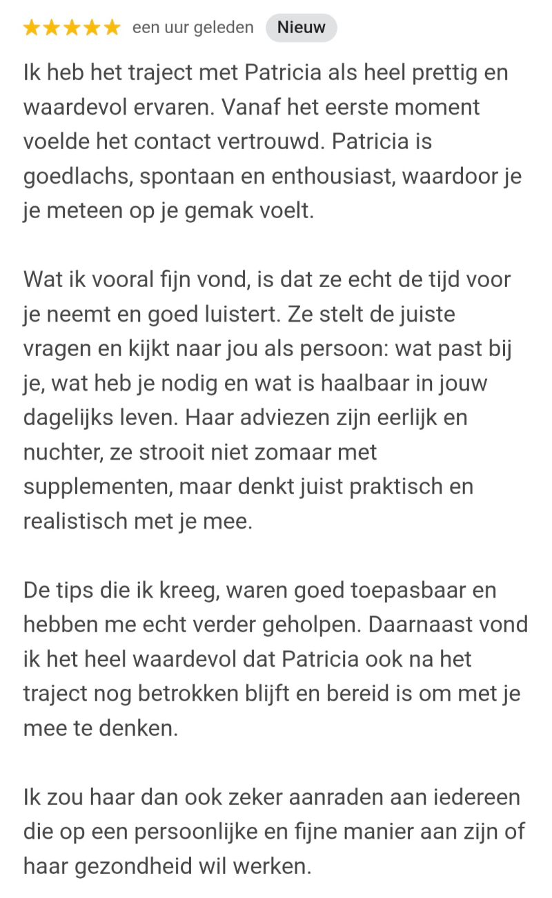 Tevreden review van een vrouw die hulp kreeg van mij als hormoon therapeut in de buurt van Berkel en Rodenrijs