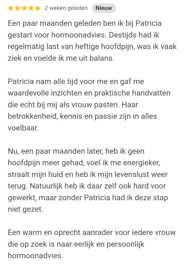 Positieve review van een vrouw die hulp van mij kreeg als hormoonspecialist in de buurt van Berkel en Rodenrijs